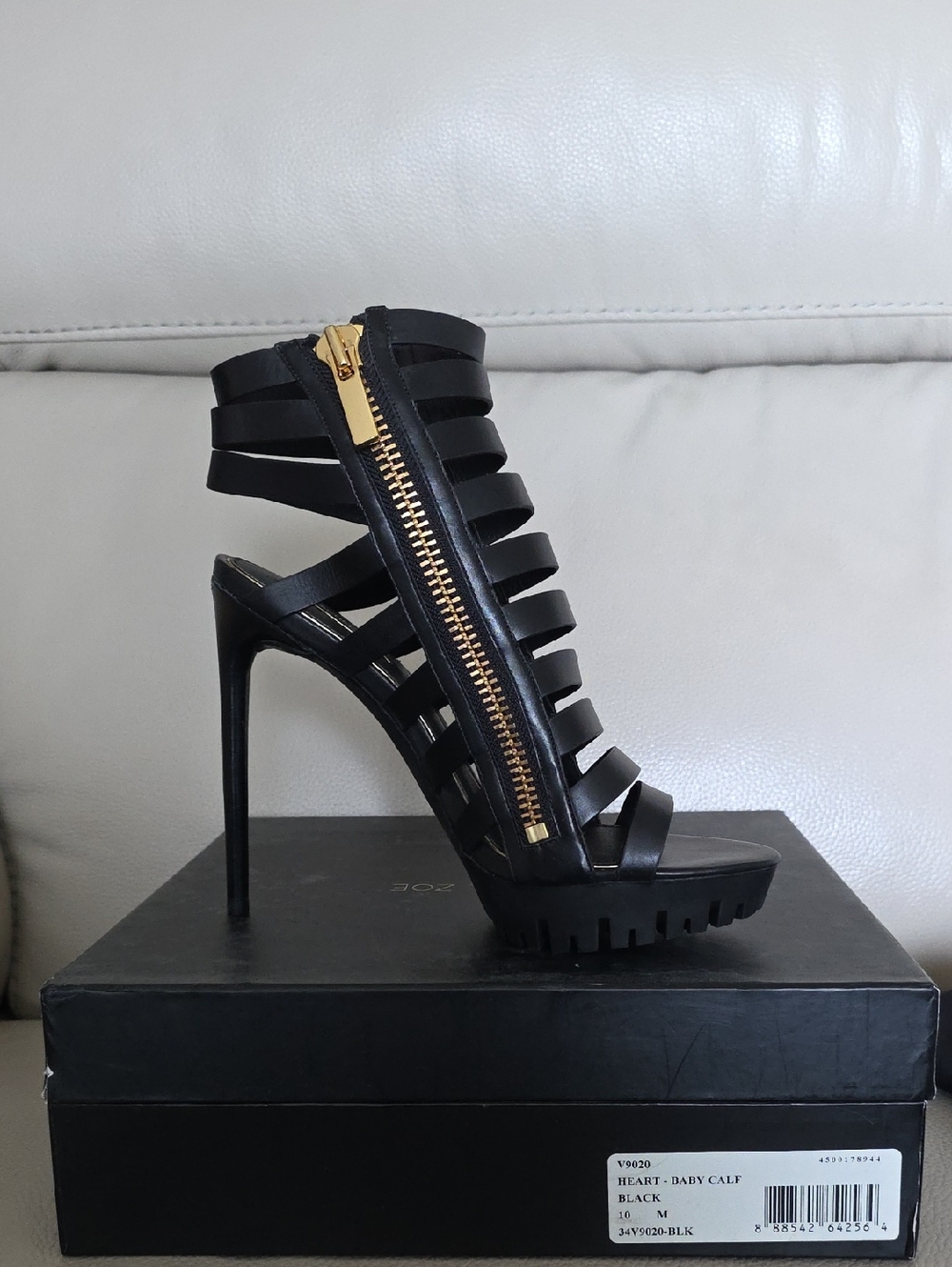 Rachel Zoe Black Strappy Cage Heels with Gold Zipper